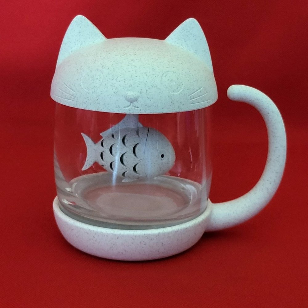 Anya Clear Glass Cat Tea Mug 8 Oz Speckled Base Tail Handle Cat Face Lid